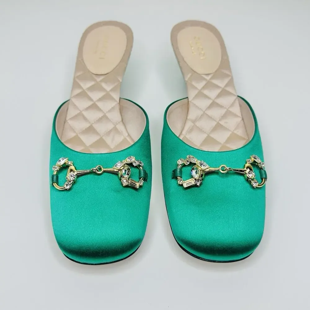 NIB Gucci Horsebit Crystals Satin Mules IT 36 US 6 Slip On Emerald Green Sandal - Picture 6 of 15
